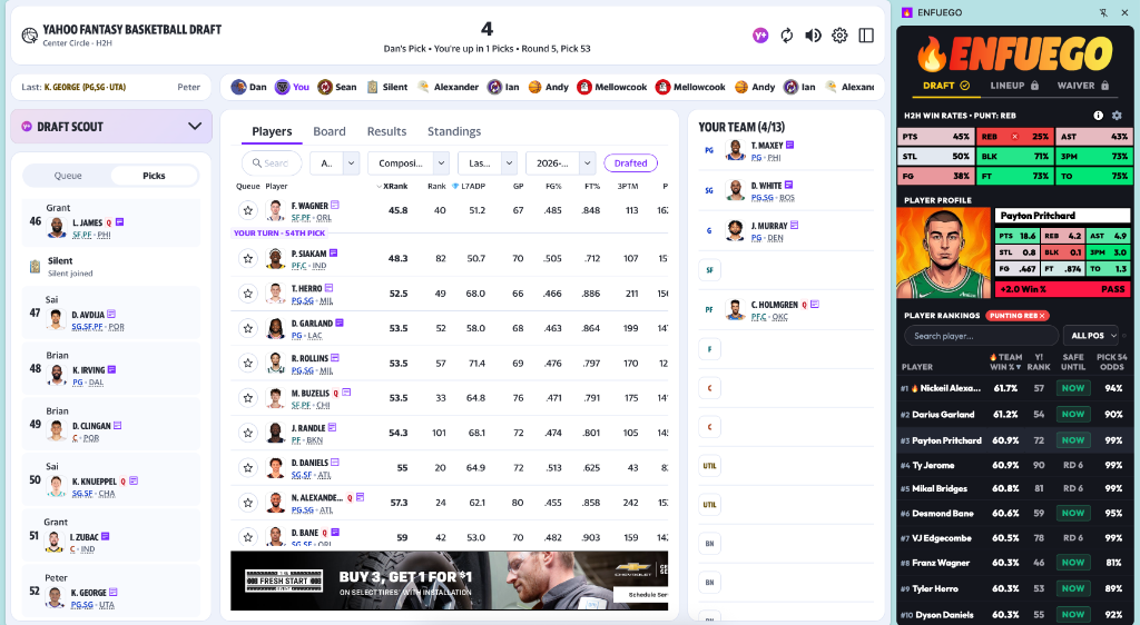 ENFUEGO Live Snake Draft Assistant inside Yahoo Fantasy Basketball